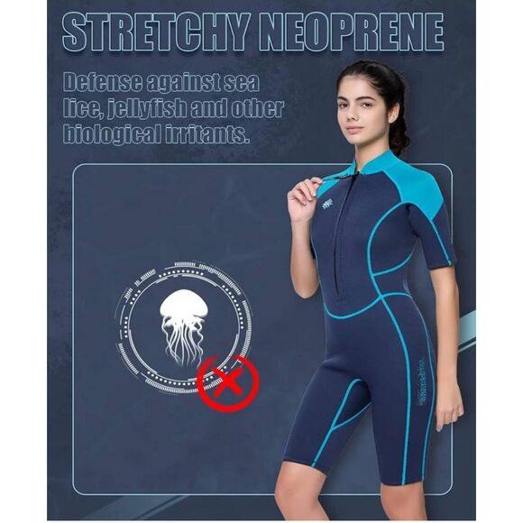 Womens Medium Blue Wetsuit Shorty, 3mm Front Zipper Neoprene Snorkeling Surfing - Picture 8 of 11